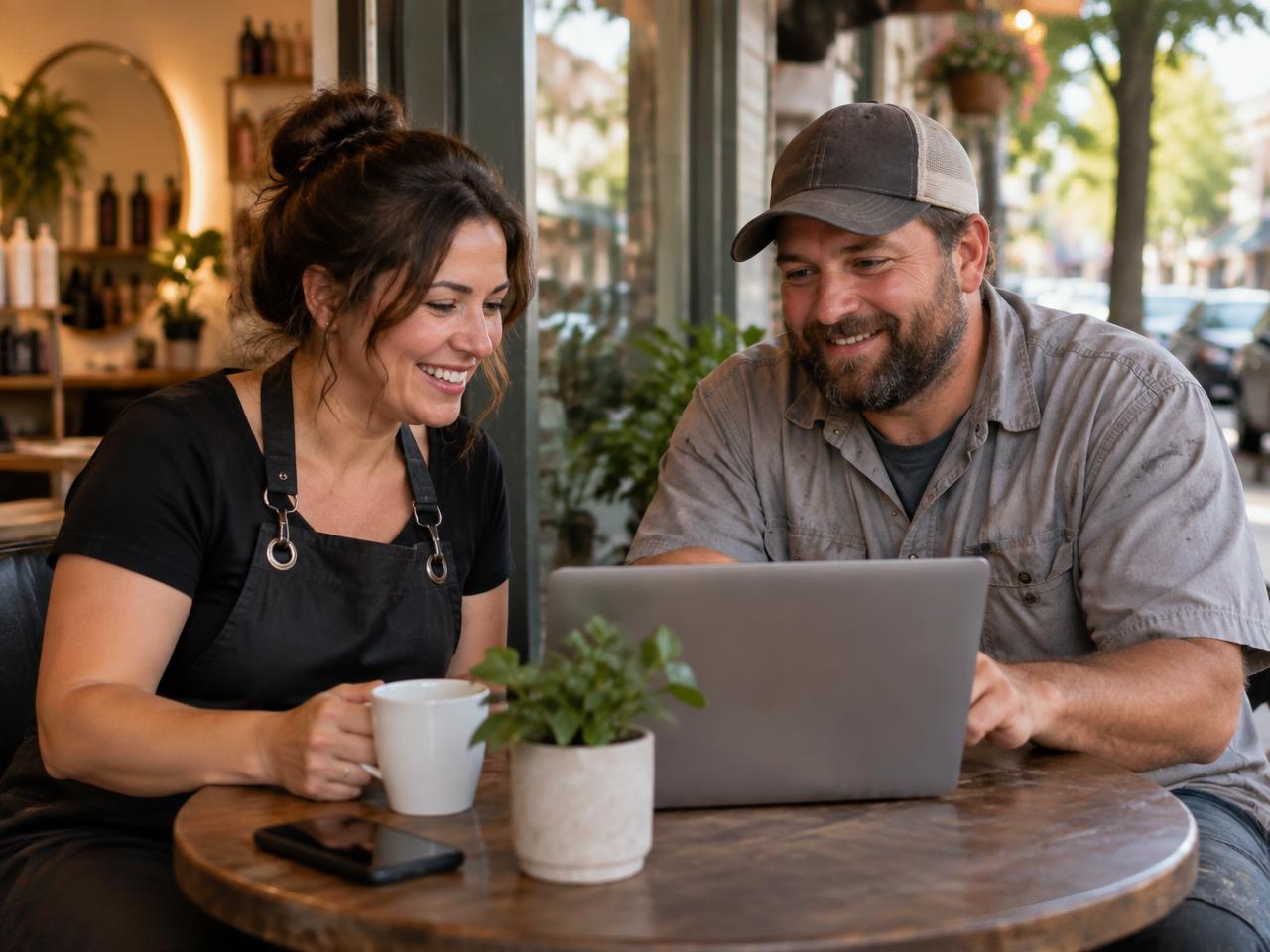 Two local business owners looking at their new website together over coffee