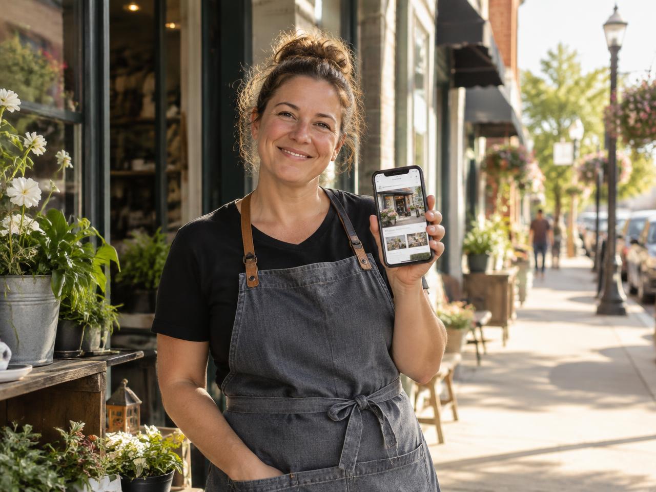 A local shop owner outside their store showing their new website on a phone